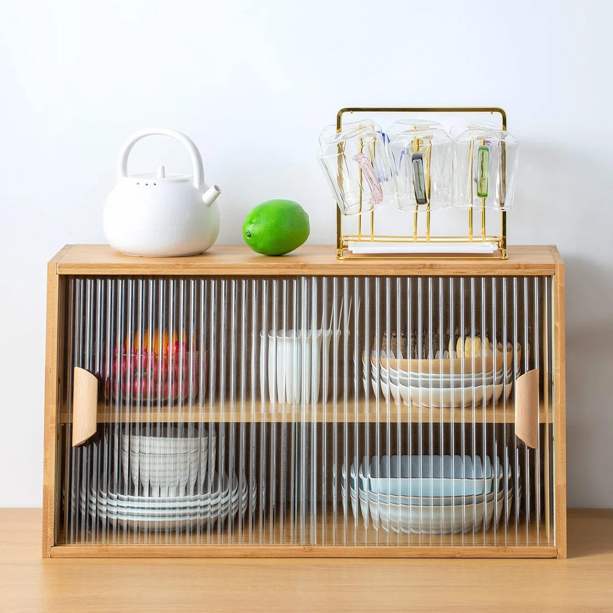 Small Bamboo Kitchen Pantry Sideboard With 2 Sliding Striped Glass Doors, Freestanding Countertop Storage Cabinet For Bottles, Dish, Bowl, Console Dining Cupboard, Burlywood