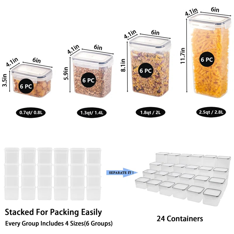 Daleah Stackable Airtight Sealed food storage containers -24 pieces, kitchen organization set, free of bisphenol A, used for storage rooms and grain storage