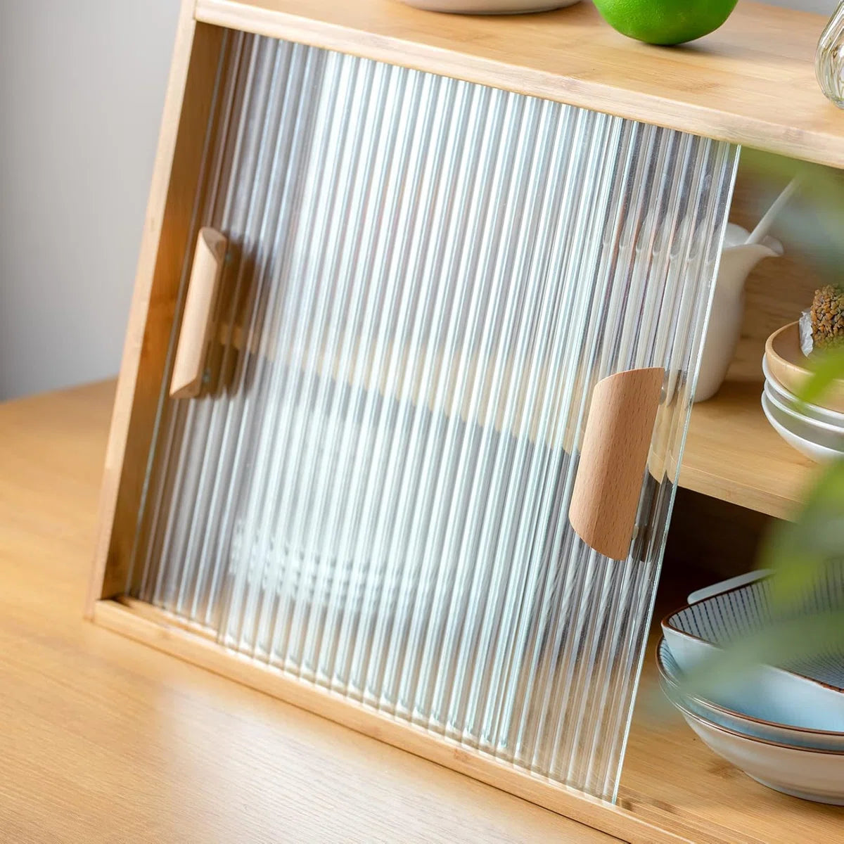 Small Bamboo Kitchen Pantry Sideboard With 2 Sliding Striped Glass Doors, Freestanding Countertop Storage Cabinet For Bottles, Dish, Bowl, Console Dining Cupboard, Burlywood