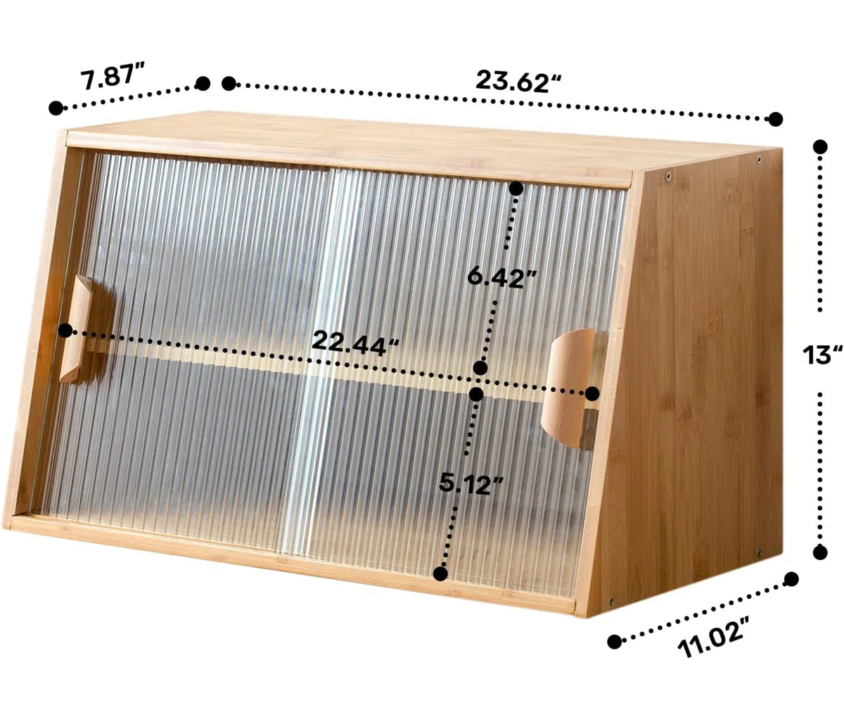 Small Bamboo Kitchen Pantry Sideboard With 2 Sliding Striped Glass Doors, Freestanding Countertop Storage Cabinet For Bottles, Dish, Bowl, Console Dining Cupboard, Burlywood