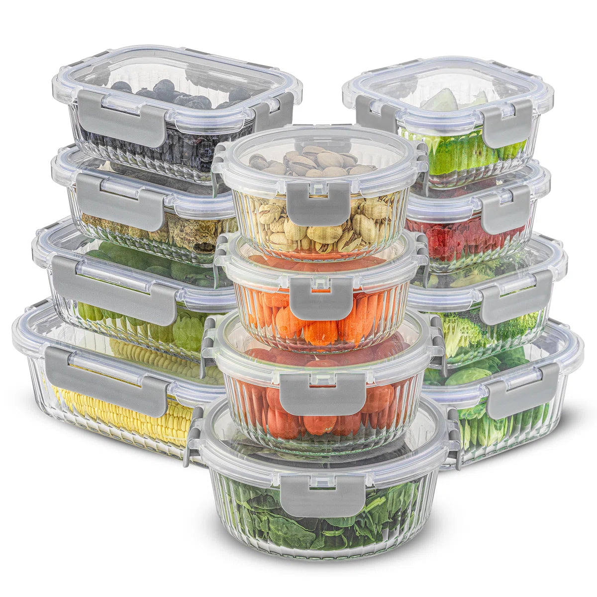 JoyJolt Fluted Glass Food Storage Containers with Leakproof Lids, Set of 12